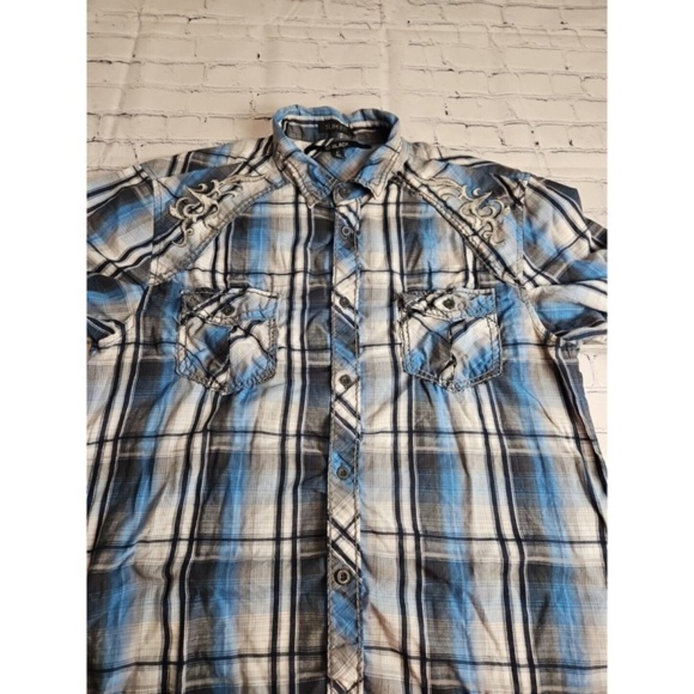 CJ Black Men's Size Large Button Up Plaid Shirt Blue Gray Long‎ Sleeve Slim Fit